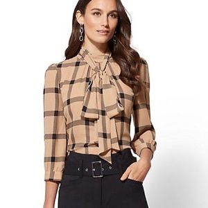NY&Co Plaid Bow Blouse